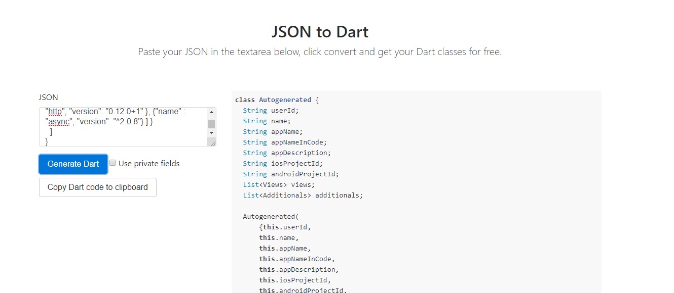 Json to Dart converter